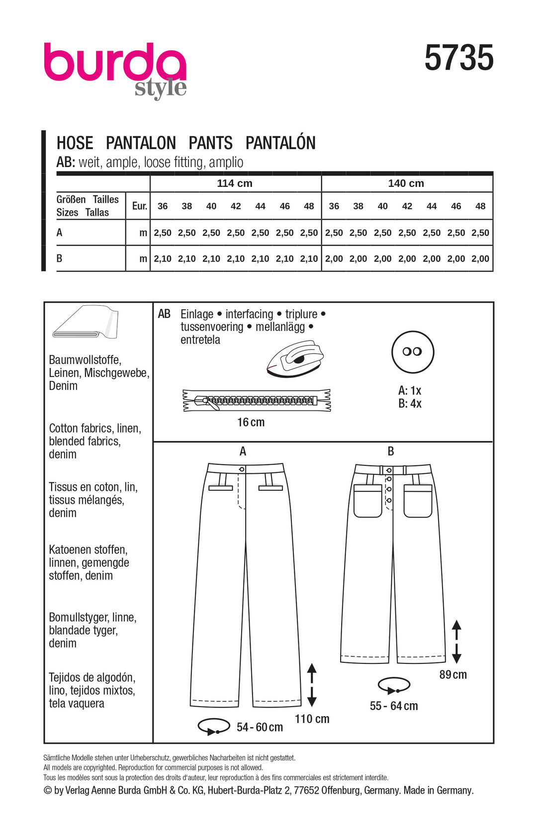 Burda Schnittmuster 5735 Damen Leinenhose mit Leistentaschen & 7/8 Jeans mit Knopfleiste und aufgesetzen Taschen