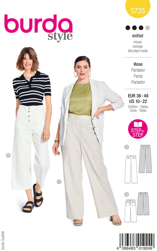 Burda Schnittmuster 5735 Damen Leinenhose mit Leistentaschen & 7/8 Jeans mit Knopfleiste und aufgesetzen Taschen