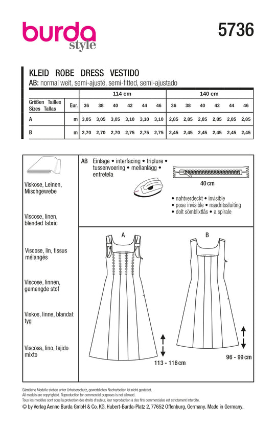 Burda Schnittmuster 5736 Damen Bahnenkleider mit Schleifen Midi Mini