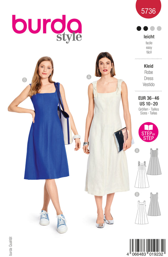 Burda Schnittmuster 5736 Damen Bahnenkleider mit Schleifen Midi Mini