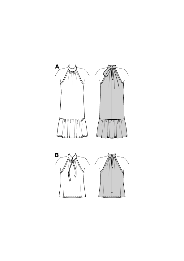 Burda Schnittmuster 5737 Damen Kleid mit Neckholder und XL-Rüsche & Top mit Hemdkragen und Schleifenband
