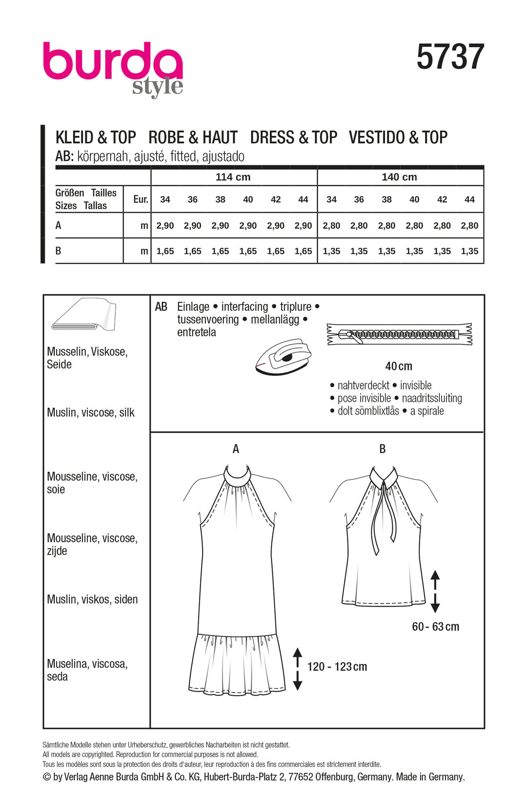 Burda Schnittmuster 5737 Damen Kleid mit Neckholder und XL-Rüsche & Top mit Hemdkragen und Schleifenband