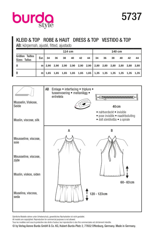 Burda Schnittmuster 5737 Damen Kleid mit Neckholder und XL-Rüsche & Top mit Hemdkragen und Schleifenband