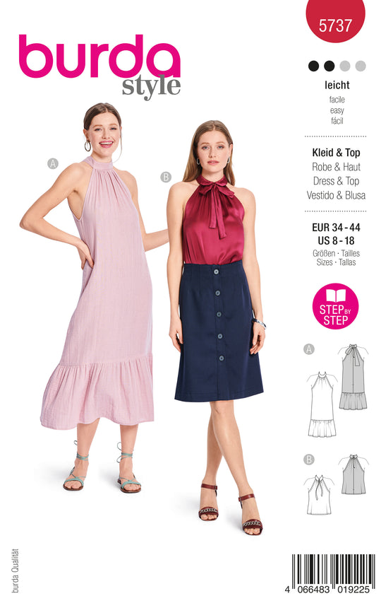 Burda Schnittmuster 5737 Damen Kleid mit Neckholder und XL-Rüsche & Top mit Hemdkragen und Schleifenband