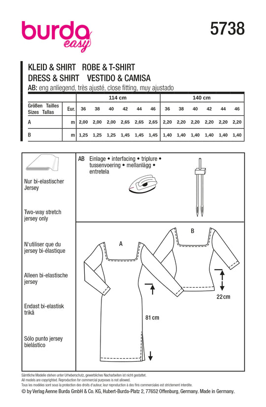 Burda Schnittmuster 5738 Damen Bodycon Kleid mit weitem Ausschnitt und Seitenschlitz & Shirt
