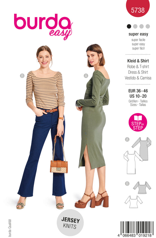 Burda Schnittmuster 5738 Damen Bodycon Kleid mit weitem Ausschnitt und Seitenschlitz & Shirt
