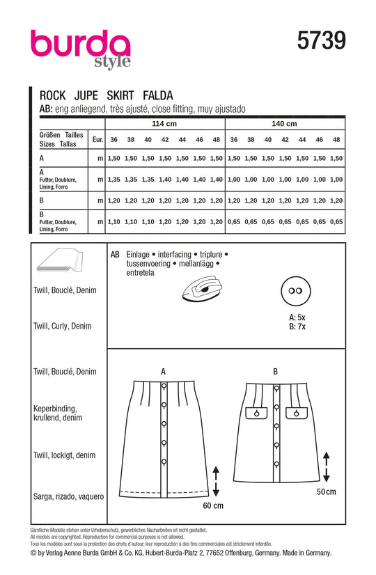 Burda Schnittmuster 5739 Damen Bleistiftrock mit Knopfleiste & Minirock aus Boucle und Schmuckknöpfen