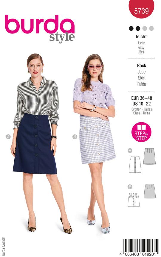 Burda Schnittmuster 5739 Damen Bleistiftrock mit Knopfleiste & Minirock aus Boucle und Schmuckknöpfen