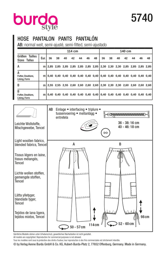 Burda Schnittmuster 5740 Damen Cargohosen mit Tunnelzug und Klappentaschen