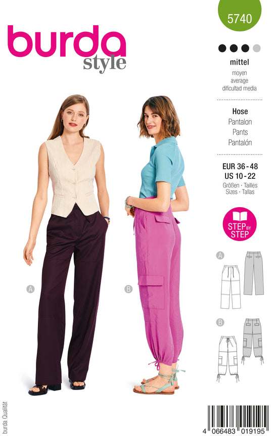 Burda Schnittmuster 5740 Damen Cargohosen mit Tunnelzug und Klappentaschen