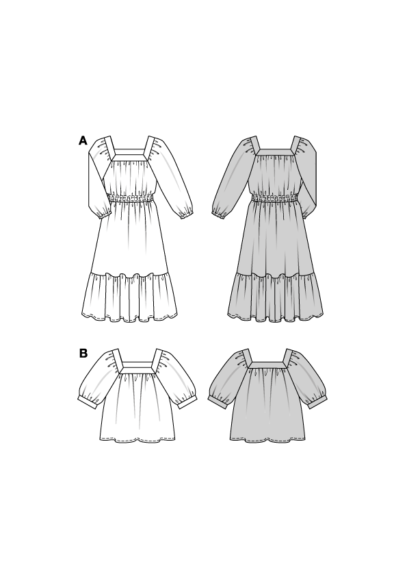 Burda Schnittmuster 5741 Damen Midistufenkleid und Bluse mit voluminösen Raglanärmeln und Saumrüsche