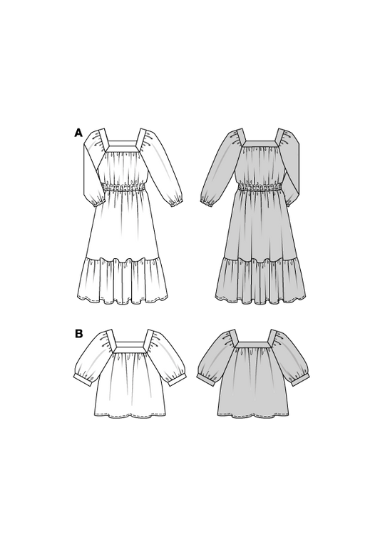 Burda Schnittmuster 5741 Damen Midistufenkleid und Bluse mit voluminösen Raglanärmeln und Saumrüsche