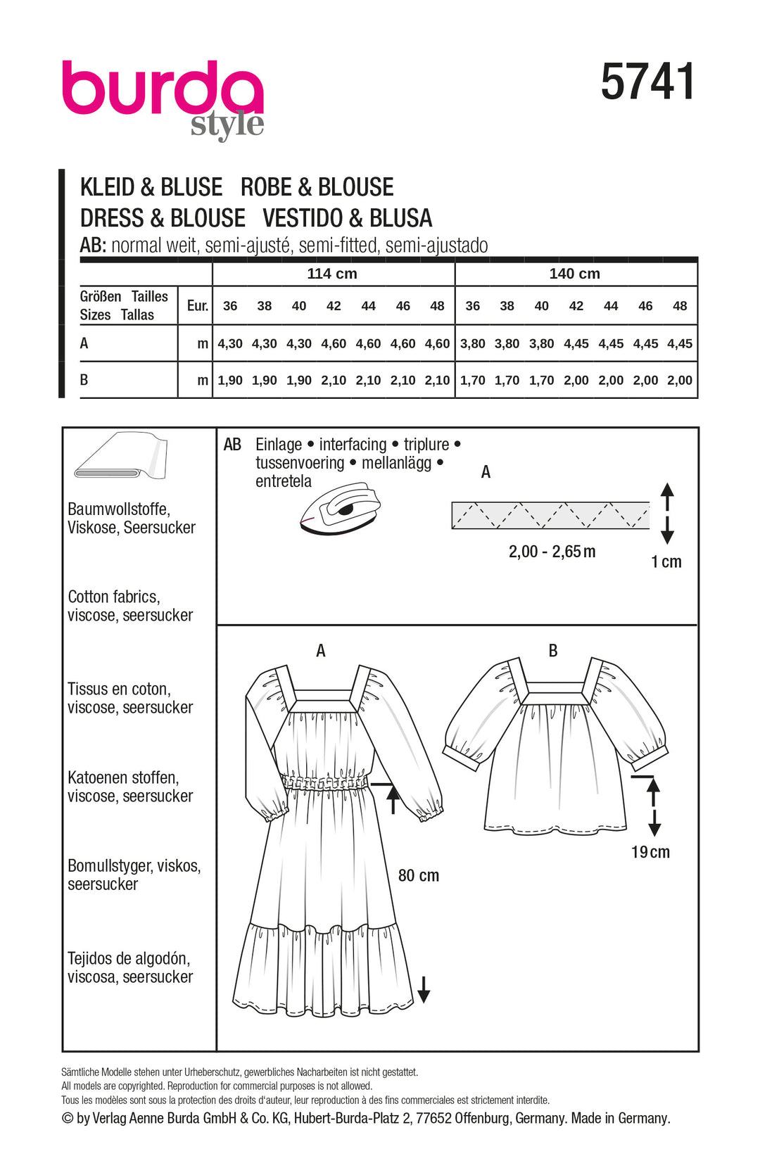 Burda Schnittmuster 5741 Damen Midistufenkleid und Bluse mit voluminösen Raglanärmeln und Saumrüsche