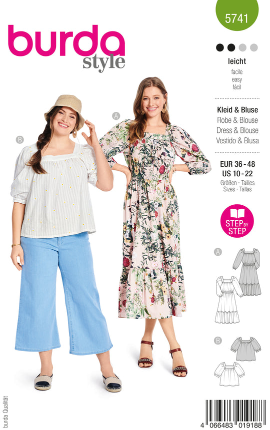 Burda Schnittmuster 5741 Damen Midistufenkleid und Bluse mit voluminösen Raglanärmeln und Saumrüsche