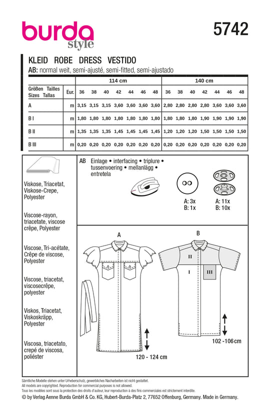 Burda Schnittmuster 5742 Damen Midihemdblusenkleider mit Flügelärmel und Taschen