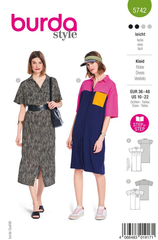 Burda Schnittmuster 5742 Damen Midihemdblusenkleider mit Flügelärmel und Taschen
