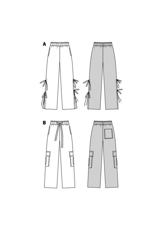 Burda Schnittmuster 5743 Damen Hosen mit hohen Seitenschlitzen, Bindeband & Cargo-Pants mit XL-Taschen und Streifenband