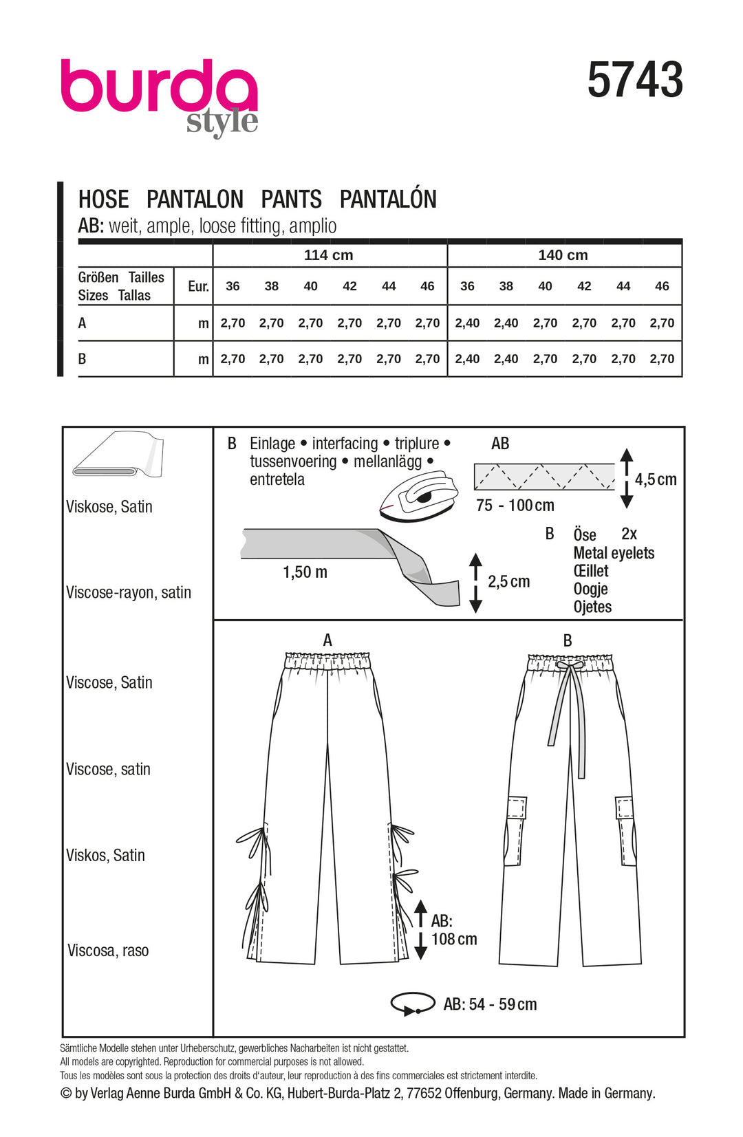 Burda Schnittmuster 5743 Damen Hosen mit hohen Seitenschlitzen, Bindeband & Cargo-Pants mit XL-Taschen und Streifenband