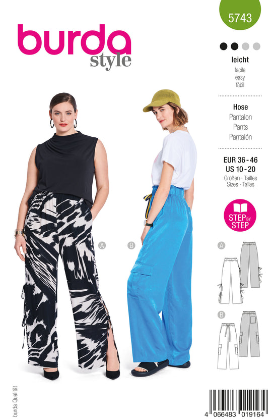 Burda Schnittmuster 5743 Damen Hosen mit hohen Seitenschlitzen, Bindeband & Cargo-Pants mit XL-Taschen und Streifenband