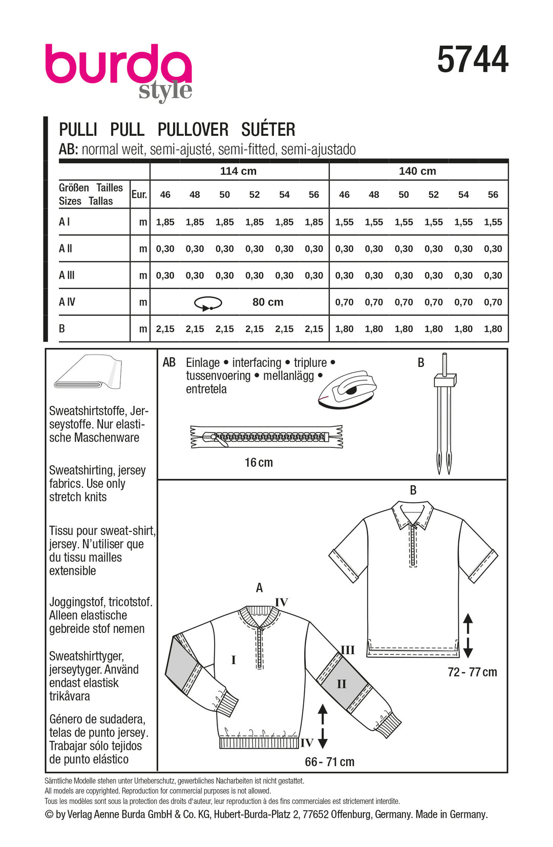Burda Schnittmuster 5744 Herren Troyer mit Stehkragen und Reißverschluss & T-Shirt aus Pikee