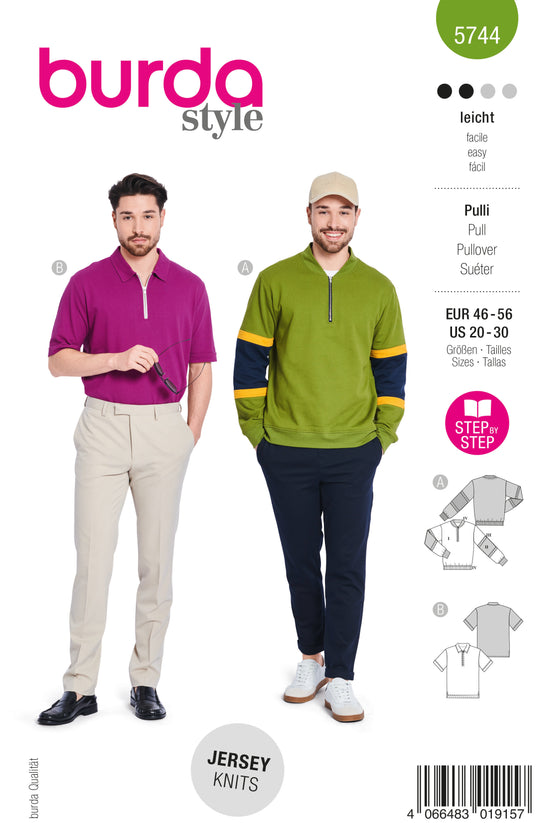 Burda Schnittmuster 5744 Herren Troyer mit Stehkragen und Reißverschluss & T-Shirt aus Pikee
