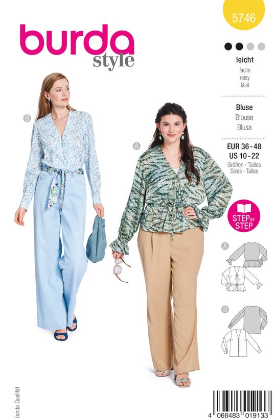 Burda Schnittmuster 5746 Damen Blusen mit Gummizug, Bindeband & V-Ausschnitt und Knopfleiste