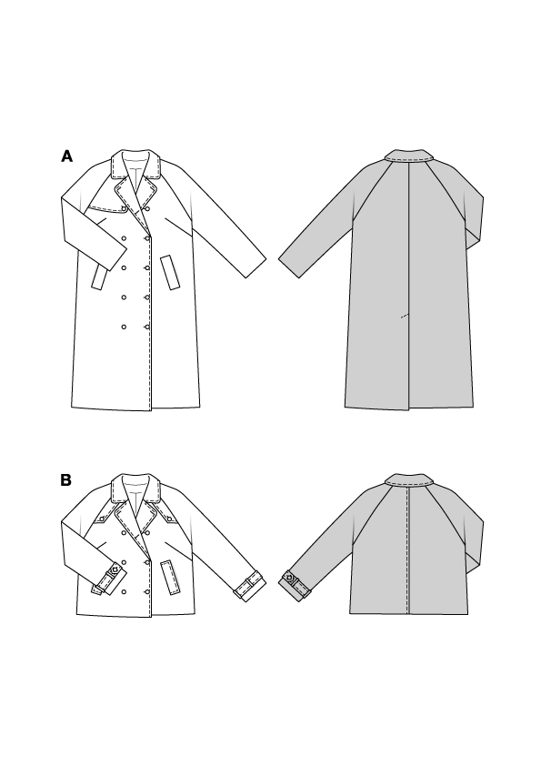 Burda Schnittmuster 5747 Damen Trenchcoat mit Raglanärmel und breiten Leistentaschen & gefütterte Kurzjacke mit Knopfleiste