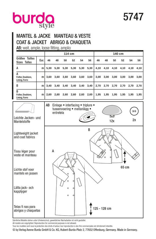 Burda Schnittmuster 5747 Damen Trenchcoat mit Raglanärmel und breiten Leistentaschen & gefütterte Kurzjacke mit Knopfleiste