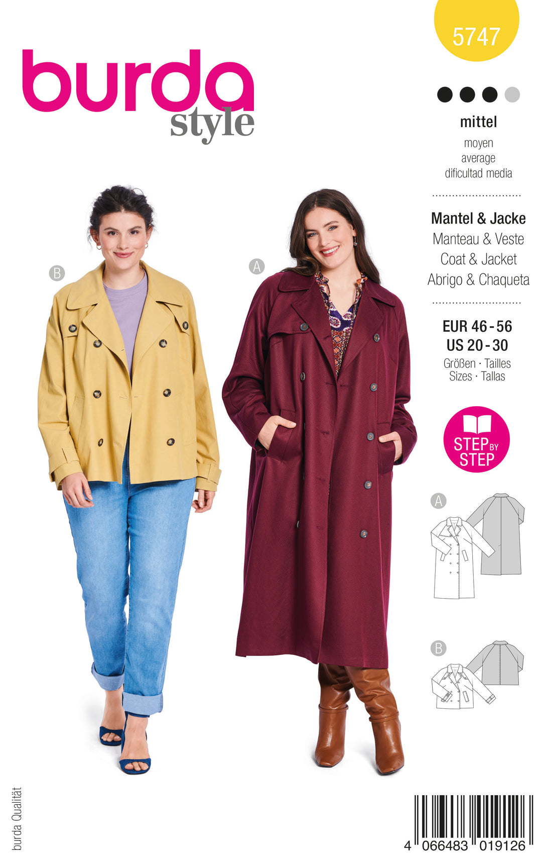 Burda Schnittmuster 5747 Damen Trenchcoat mit Raglanärmel und breiten Leistentaschen & gefütterte Kurzjacke mit Knopfleiste