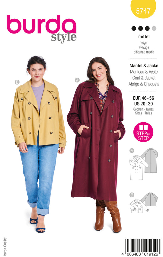 Burda Schnittmuster 5747 Damen Trenchcoat mit Raglanärmel und breiten Leistentaschen & gefütterte Kurzjacke mit Knopfleiste