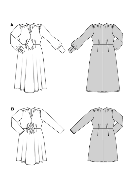 Burda Schnittmuster 5748 Damen Midi Kleider mit Einsatz und aufspringenden Falten