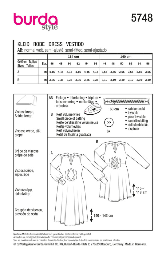 Burda Schnittmuster 5748 Damen Midi Kleider mit Einsatz und aufspringenden Falten