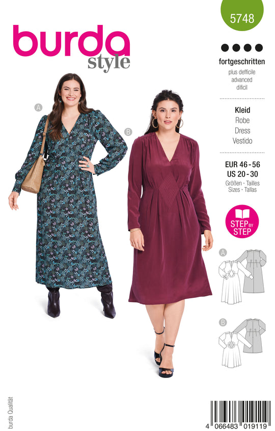 Burda Schnittmuster 5748 Damen Midi Kleider mit Einsatz und aufspringenden Falten
