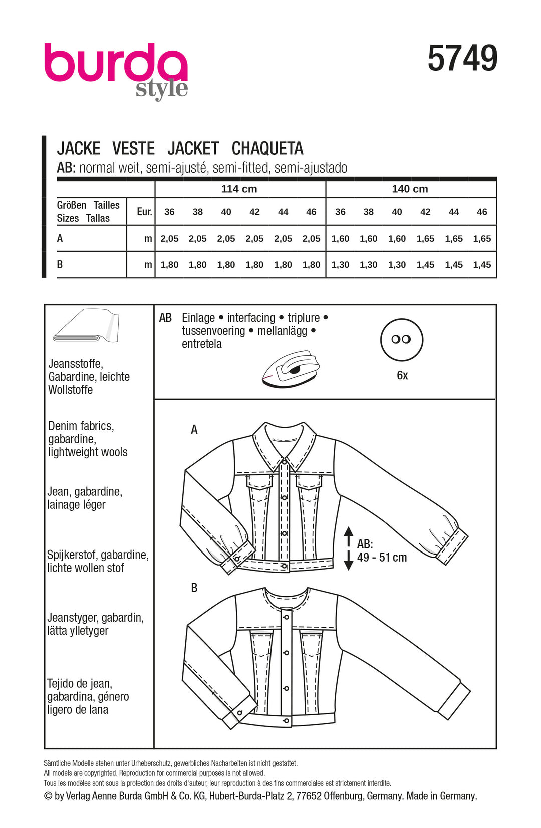 Burda Schnittmuster 5749 Damen Jeansjacke mit Umlegekragen, Taschen & Jacke mit Blenden und Knöpfen