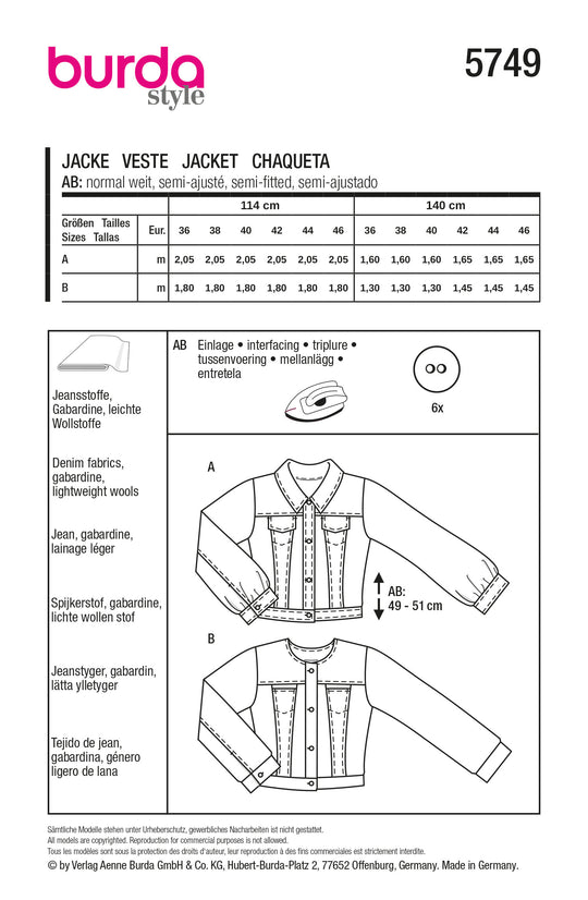 Burda Schnittmuster 5749 Damen Jeansjacke mit Umlegekragen, Taschen & Jacke mit Blenden und Knöpfen