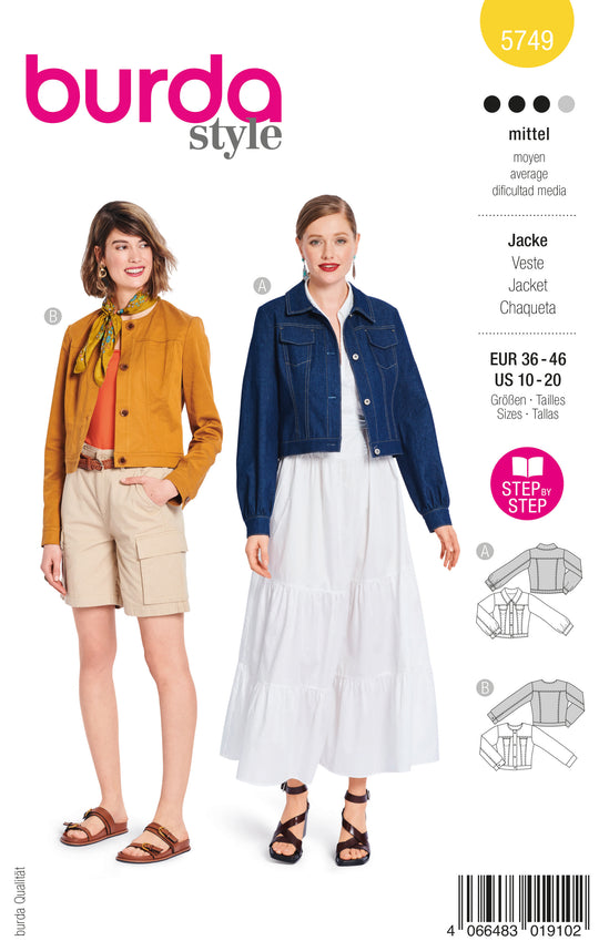 Burda Schnittmuster 5749 Damen Jeansjacke mit Umlegekragen, Taschen & Jacke mit Blenden und Knöpfen