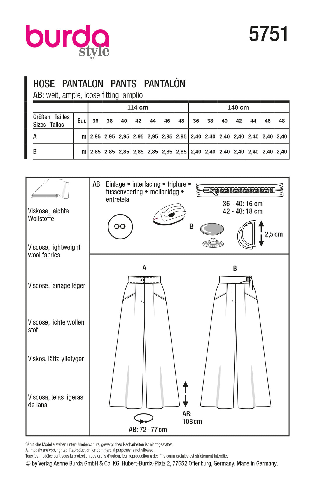 Burda Schnittmuster 5751 Damen weite Hosen mit Taschen, Schließe