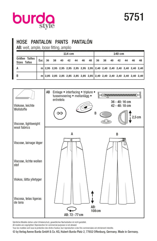 Burda Schnittmuster 5751 Damen weite Hosen mit Taschen, Schließe