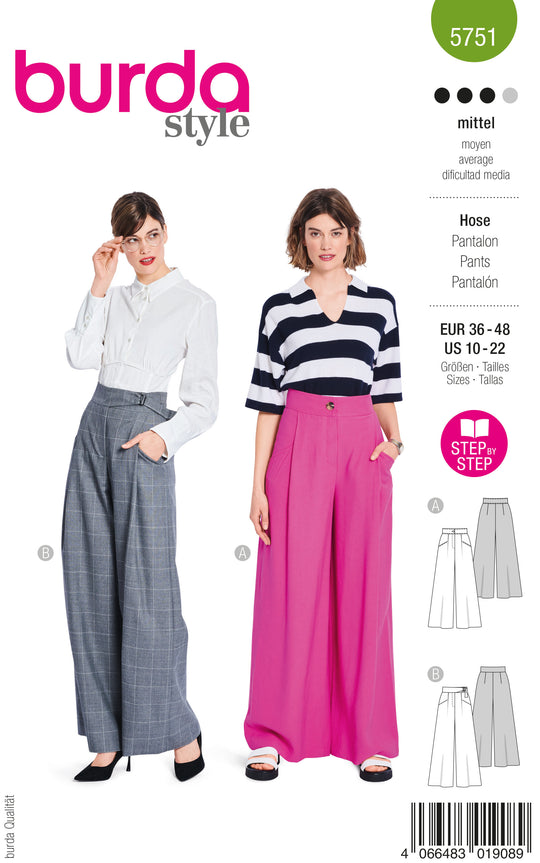 Burda Schnittmuster 5751 Damen weite Hosen mit Taschen, Schließe