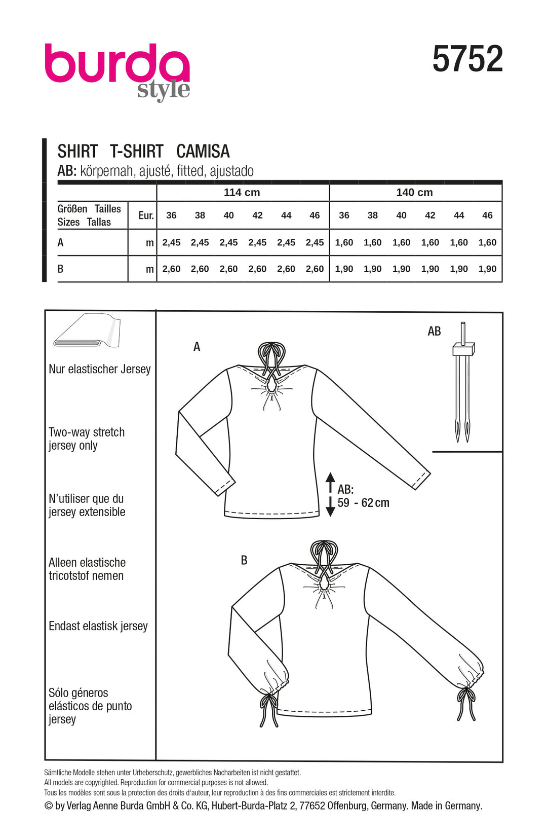 Burda Schnittmuster 5752 Damen Jersey-Shirts Langarm mit Tropfenausschnitt