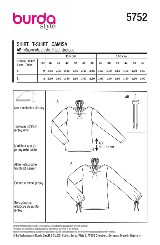 Burda Schnittmuster 5752 Damen Jersey-Shirts Langarm mit Tropfenausschnitt