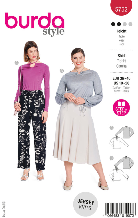 Burda Schnittmuster 5752 Damen Jersey-Shirts Langarm mit Tropfenausschnitt