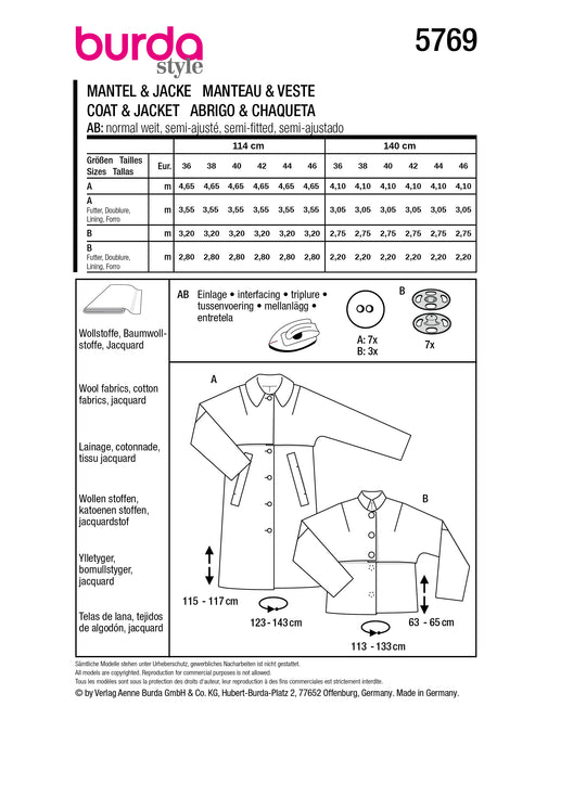 Burda Schnittmuster 5769 Mantel/Jacke