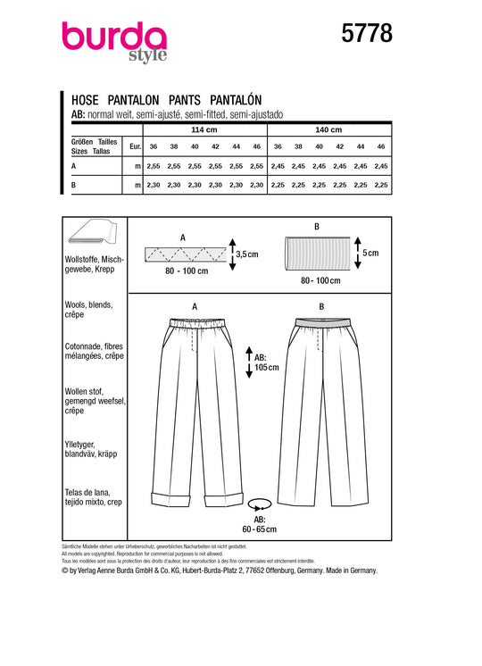 Burda Schnittmuster 5778 Hose