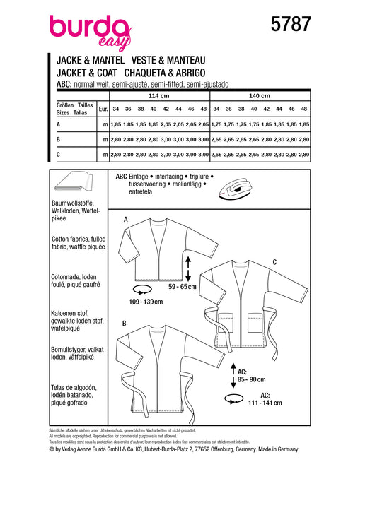 Burda Schnittmuster 5787 Jacke/Mantel