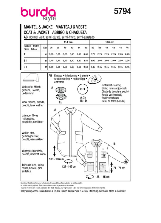 Burda Schnittmuster 5794 Jacke/Mantel