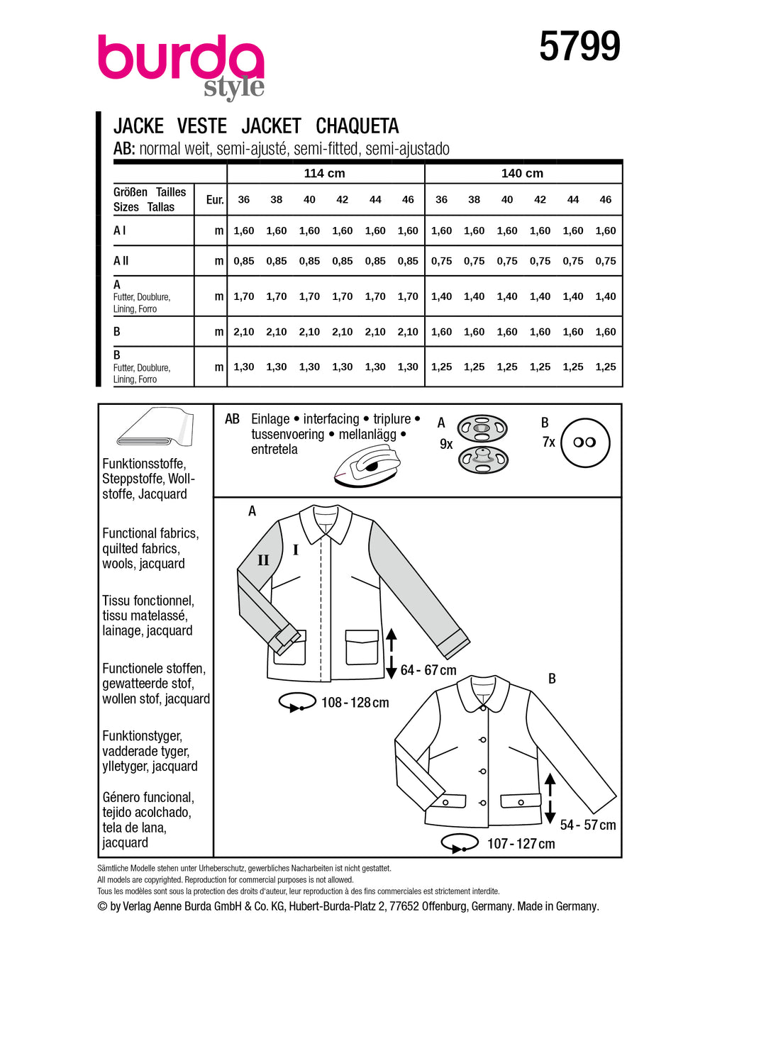 Burda Schnittmuster 5799 Jacke