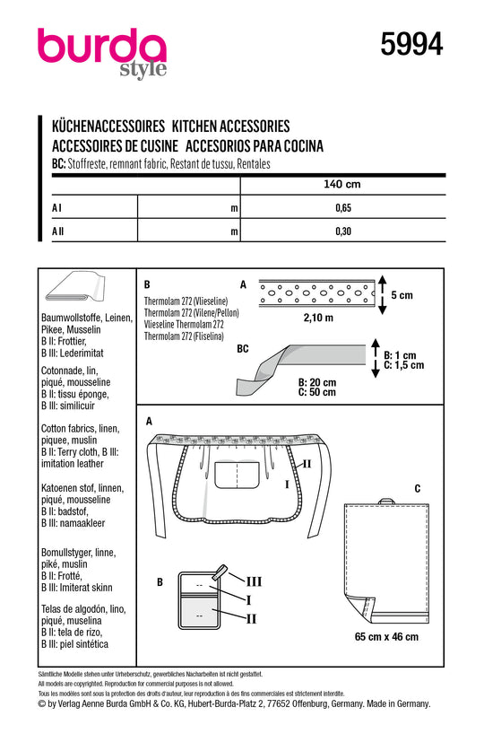 Burda Schnittmuster 5994 Küchenaccessoires