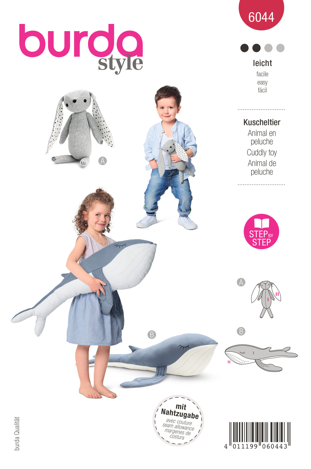 Burda Schnittmuster 6044 Kuscheltiere - Hase und Wal