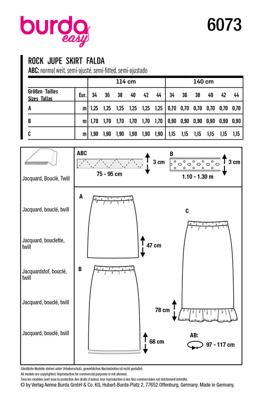 Burda pattern 6073 skirt in three lengths with elastic waistband, slim fit
